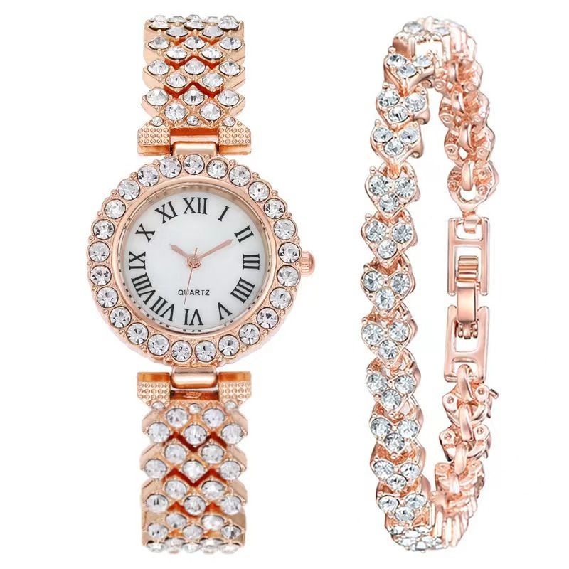 Gypsophila Armband Set Volldiamant Römisches Stahlband Quarz Damenuhr_voghion.com