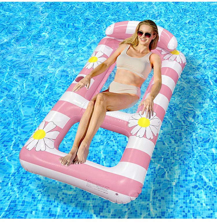 Poltrona gonfiabile a righe quadrate con seduta in rete e poggiatesta - Galleggiante singolo in PVC per piscina per adulti (fondo antiscivolo ad asciugatura rapida)_voghion.com