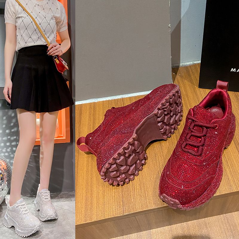 Modische Damen-Sneaker mit Strasssteinen – klobige Plateauschuhe für mehr Körpergröße, atmungsaktives Obermaterial aus PU, lässige und trendige Low-Top-Schnürschuhe_voghion.com