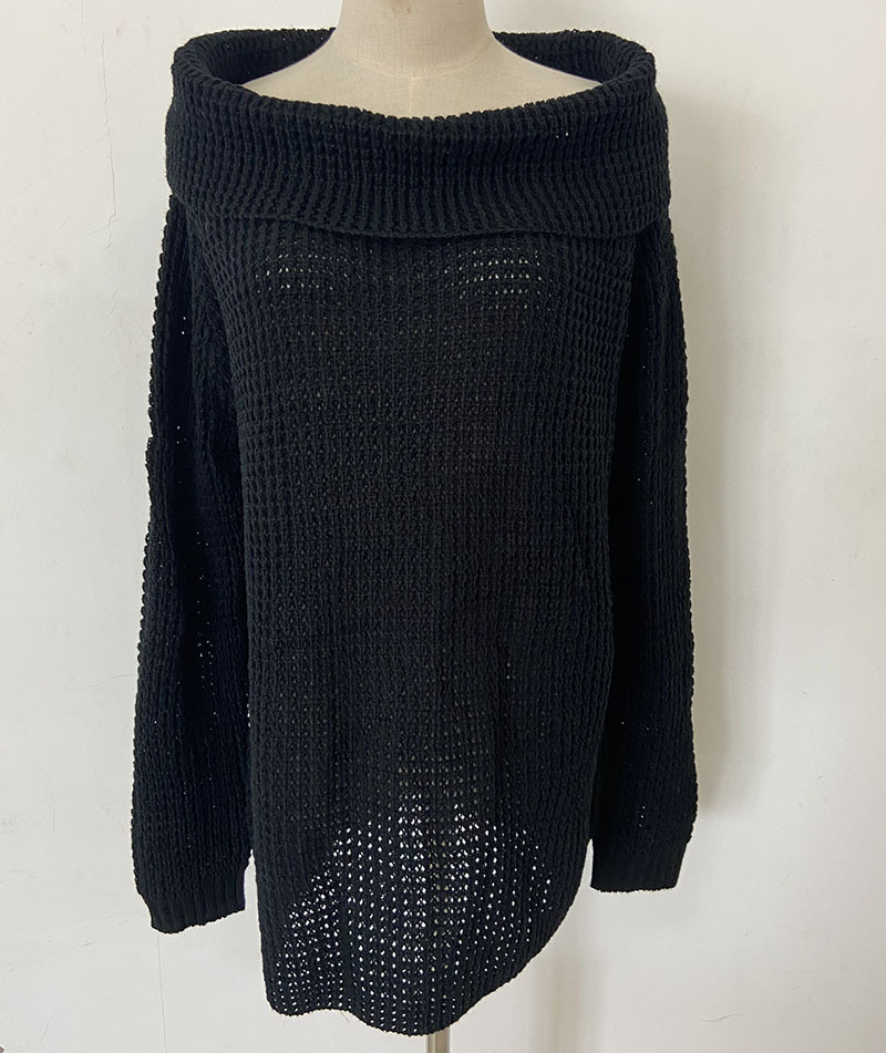 Women's one-line collar off-shoulder lapel sweater loose large version solid color sexy sweater_voghion.com