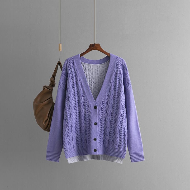 Women's Chunky Knit Cardigan With Color Block & Cable Design - Oversized V-Neck Open Front Sweater For Casual Wear_voghion.com