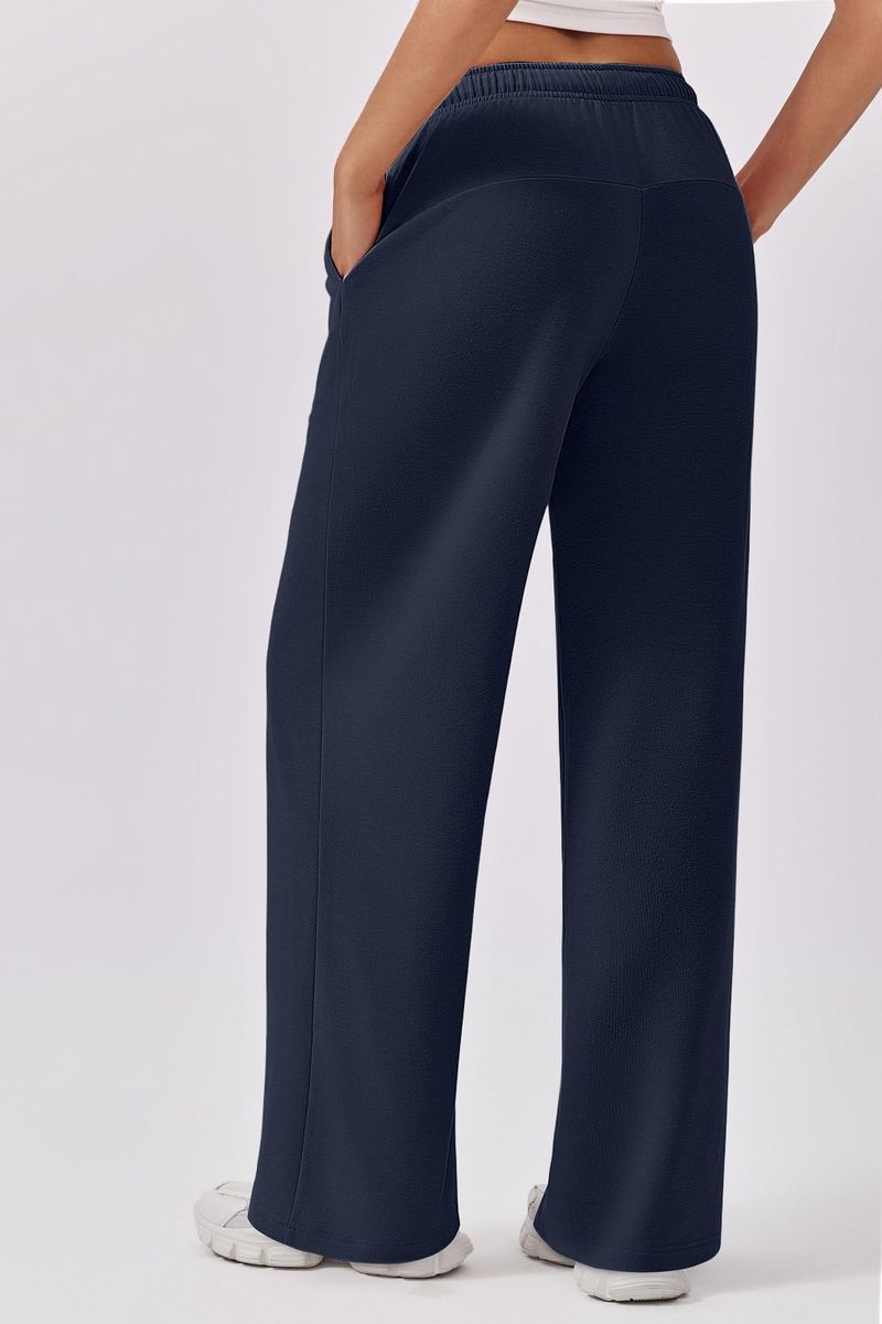 Nuovi pantaloni elastici in vita con tasche laterali, pantaloni della tuta larghi in pile spesso, taglio dritto, tinta unita, pantaloni lunghi da donna_voghion.com