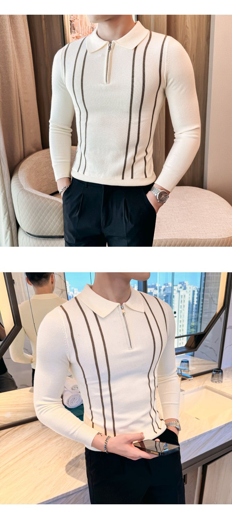 Herren-Poloshirt aus Strick, schmal geschnitten – Langarmshirt mit Retro-Streifen aus Baumwollmischung (M–3XL)_voghion.com