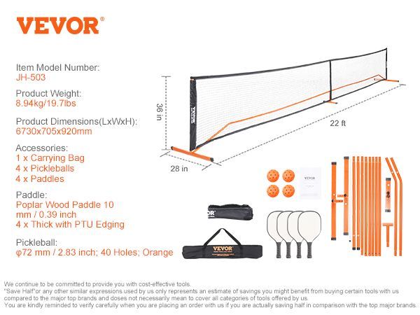 VEVOR Pickleball Net Set, 22FT Regulation Size Portable Pickleball System With Carrying Bag & Balls & Paddles, Weather Resistant Steady Metal Frame & Strong PE Net, For Outdoor Backyard Driveway_voghion.com