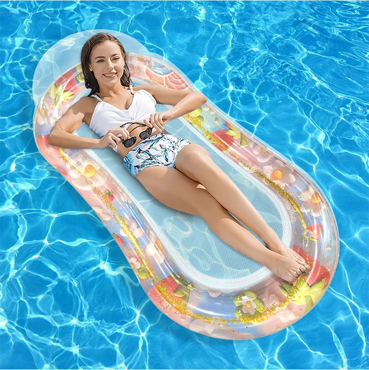 Eco-Friendly PVC Inflatable Lounge Chair With Glitter Mesh & Pillow - Single Person Floating Bed For Pool & Beach (150cm Quick-Dry Portable Design)_voghion.com