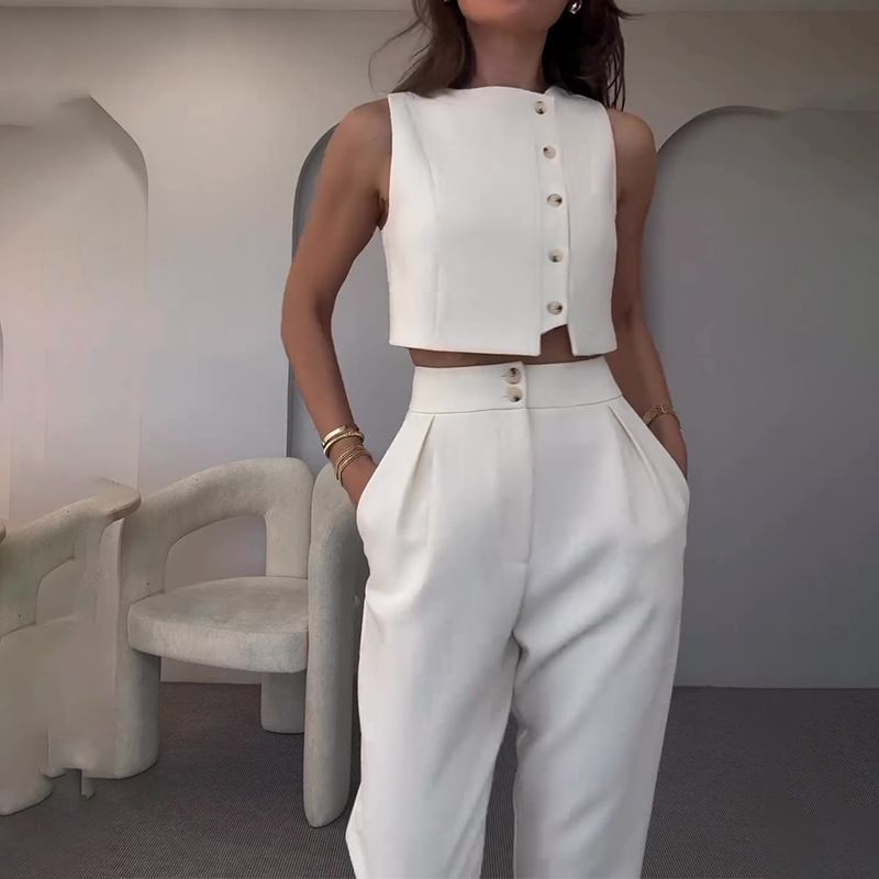 Frauen sommer neue ärmellose temperament weste top hohe taille gerade blei hosen anzug_voghion.com
