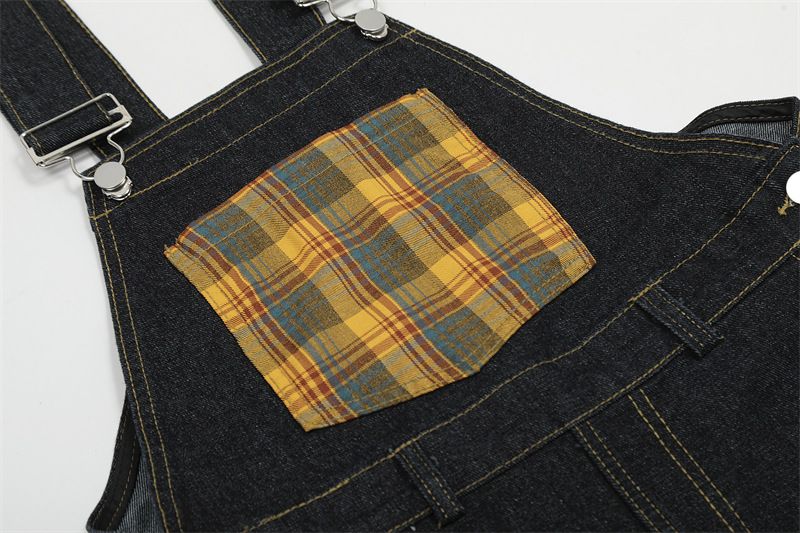 Men's Clothing Retro Niche Design Plaid Stitching Scimitar Jeans Men's And Women's Overalls Wide Leg Mopping Pants_voghion.com