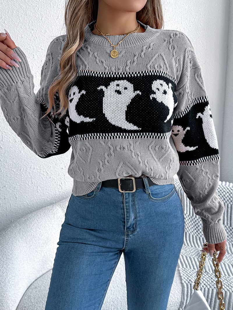 Herfst- en winter Halloween-thema Spook Contrasterende kleur Lange mouw Trui Dameskleding_voghion.com
