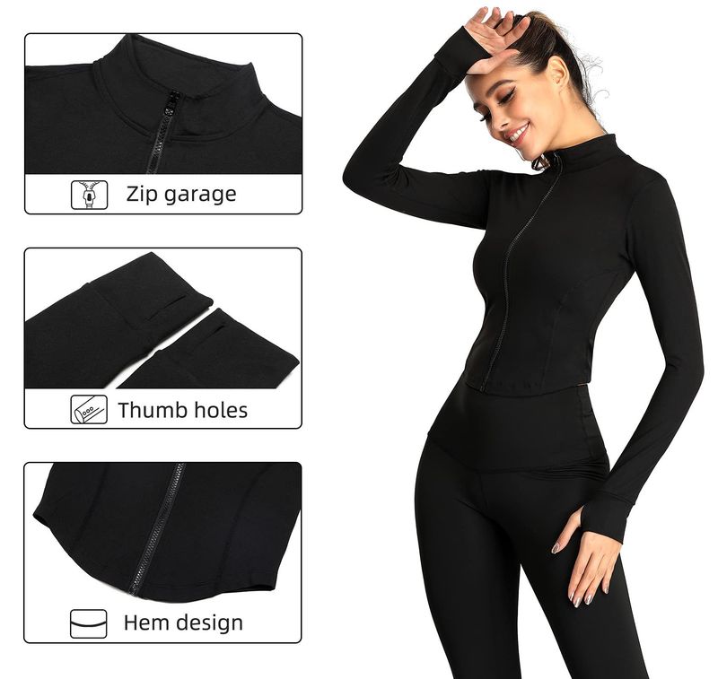 Women's Tracksuit Slim Fit Long Sleeved Fiess Coat Yoga Crop Tops With Thumb Holes Gym Jacket Workout Sweatshirts_voghion.com
