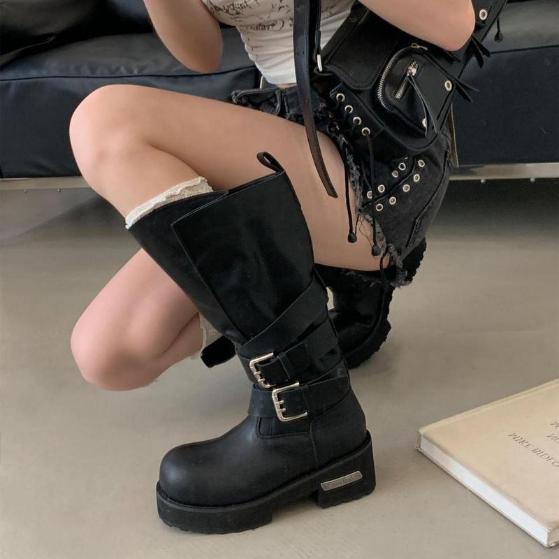 Women Boxing Boots 2025 Autumn Winter New Dark Style Belt Buckle Motorcycle Boxing Thick Sole Mid-Calf Riding Boots For Women_voghion.com