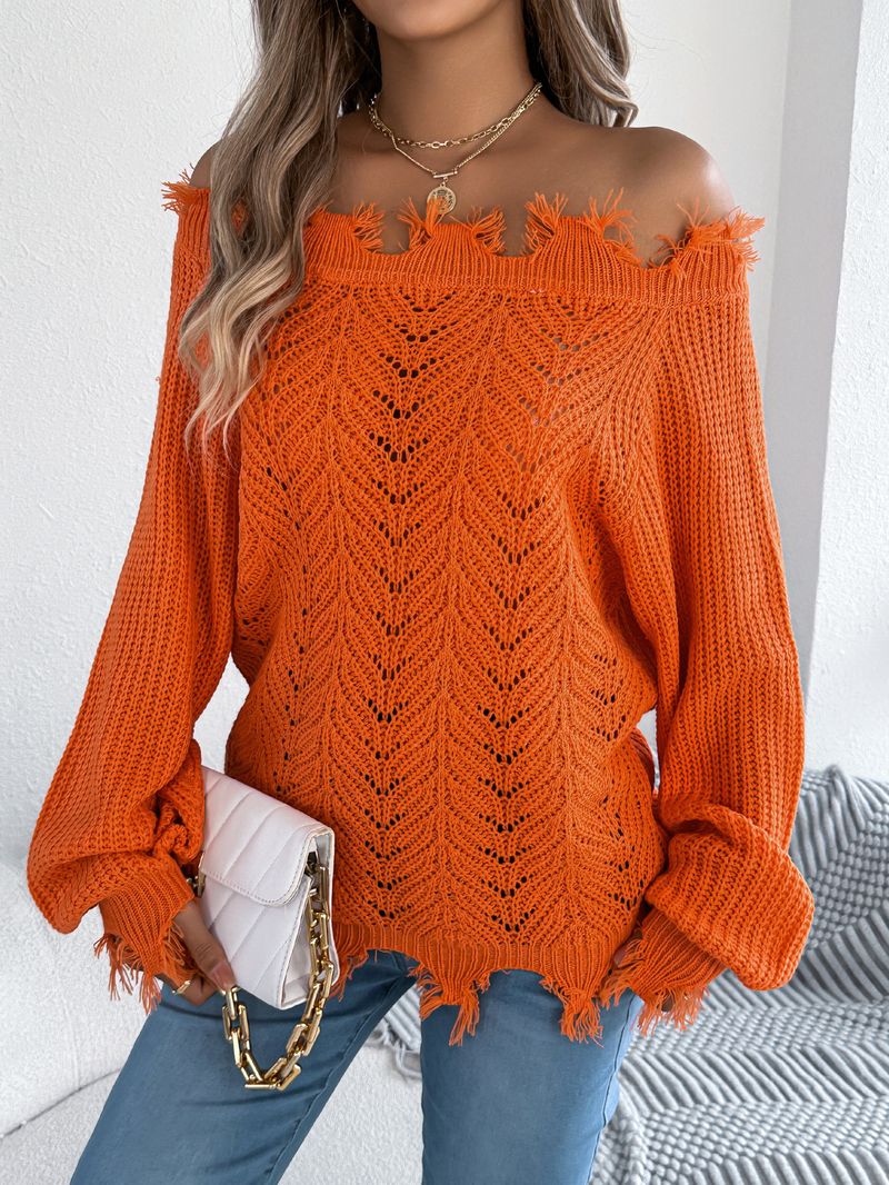 Solid Color Hollow Long-sleeved Cut Off-the-shoulder Pullover Sweater, Women's Clothing_voghion.com
