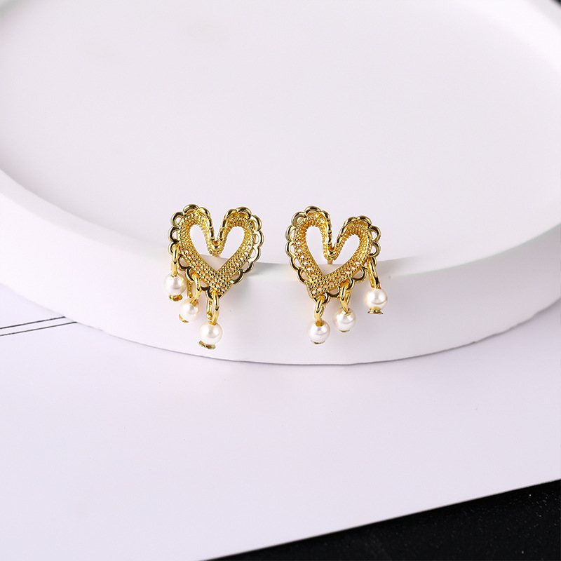 Orecchini a bottone con perle a forma di cuore asimmetrico in argento Sterling VENUS Fashion, vintage da donna, con frange a forma di cuore_voghion.com