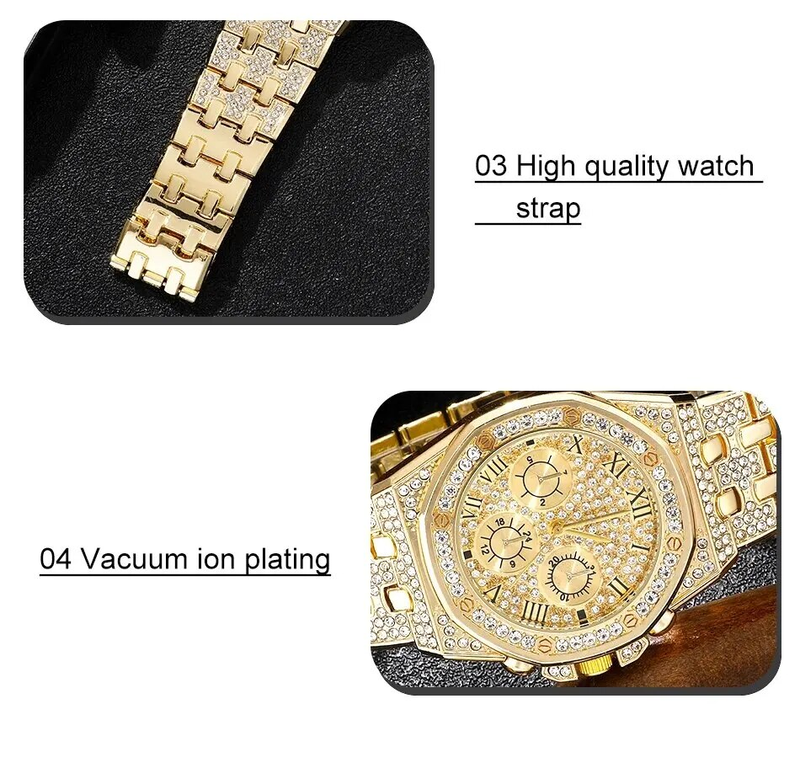 Men's luxury stainless steel gold bracelet, hip-hop diamond, large dial, business, quartz watch, fashionable_voghion.com