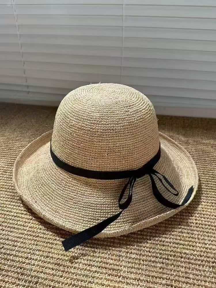 Spring Art Bow Hand-Woven Straw Women's Hat, Wide Brim, Slim Face, Sun Protection, Sun Hat_voghion.com