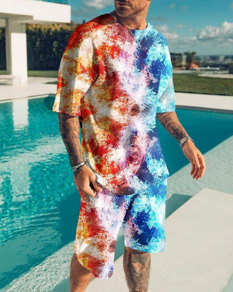 Set di pantaloncini T-shirt stampati digitali 3D con texture casual stile spiaggia alla moda dei nuovi uomini estivi 2024_voghion.com