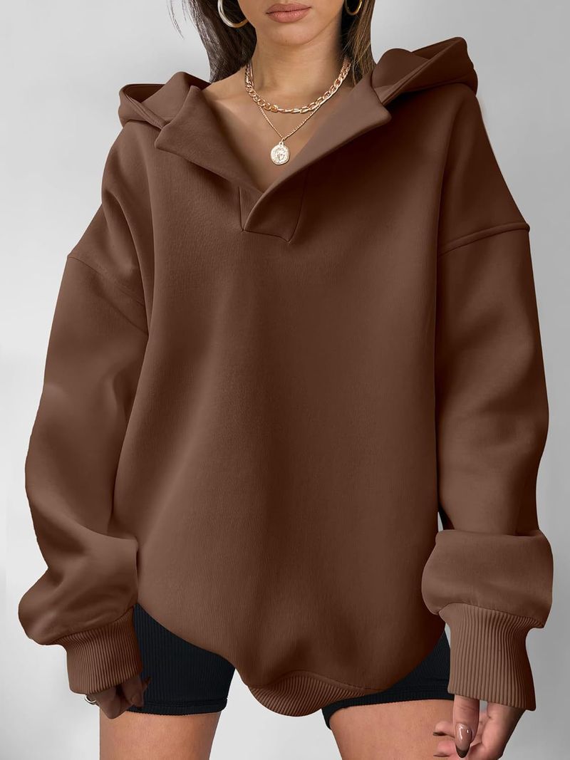 Women's Clothing Sweatshirt Solid Color Long Sleeve Hooded Solid Color Loose Sweater Women's Top_voghion.com