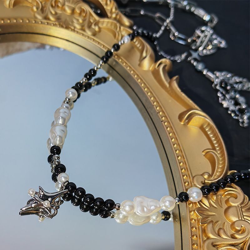 2025 New Arrivals Punk Star Pendant Baroque Women Asymmetric Black White Pearl Stainless Steel Necklace Jewelry_voghion.com