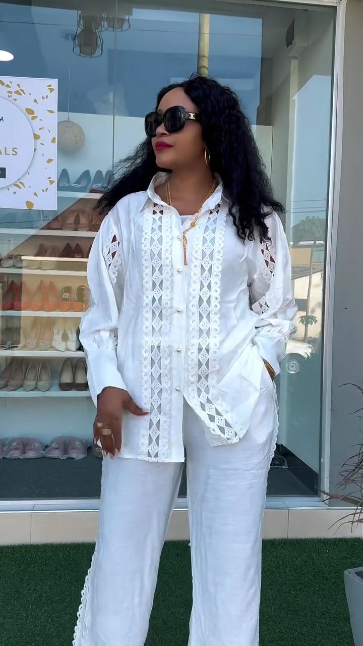 Ensemble deux pièces pour femme, chemise patchwork en dentelle à crochet creux, taille haute, pantalon large_voghion.com