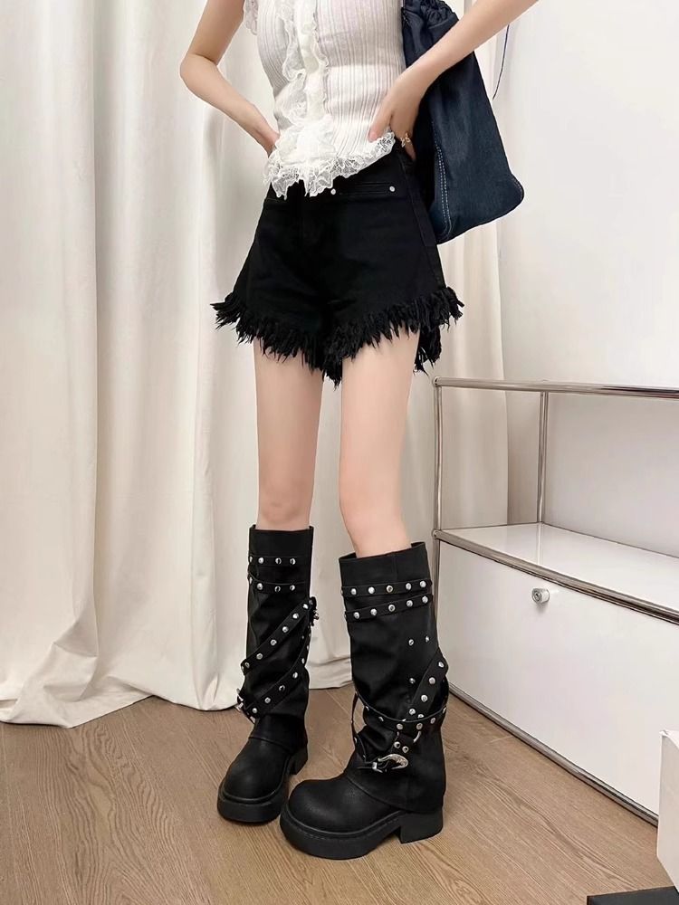 Black Studded Women's Boots Riding Boots Fashionable Versatile_voghion.com
