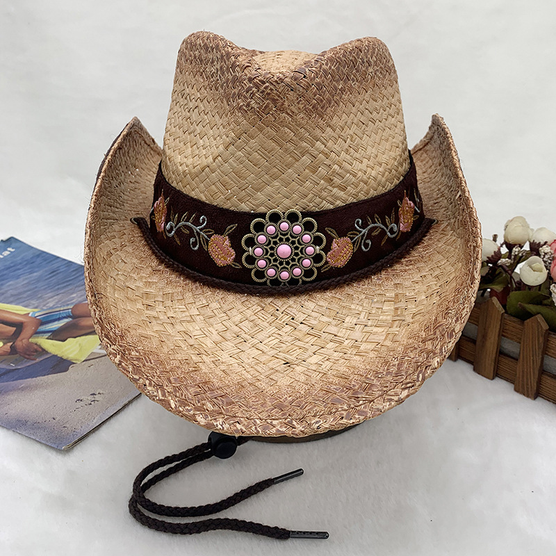 Handgewebter Cowboyhut aus Raffiagras mit Sonnenschutz und gerolltem Rand, bestickter Strohhut_voghion.com