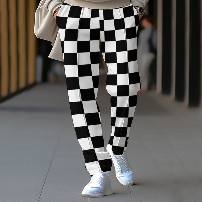 Pantalones rectos holgados con cordón y estampado a cuadros para hombre, moda informal, 2024_voghion.com