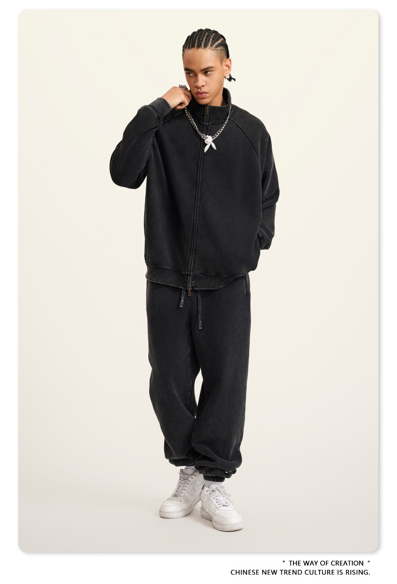 Man's clothing Vintage wash shoulder zipper jacket loose fleece jacket for men_voghion.com