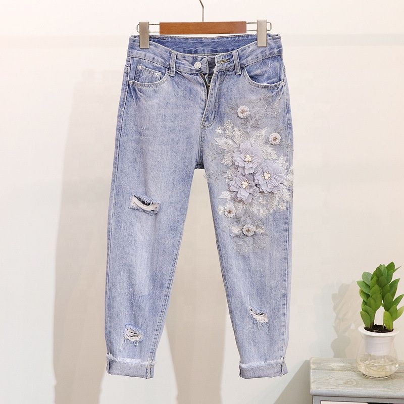 Denim Set Women's Summer 2025 New Beaded Embroidered 3D Flower Short Sleeved T-shirt+distressed Cropped Jeans_voghion.com