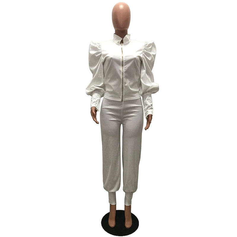 Damenbekleidung Mode Persönlichkeit Design Sinn für einfarbige Blase Ärmel Reißverschluss hoch taillierte Hose zweiteiliger Anzug_voghion.com