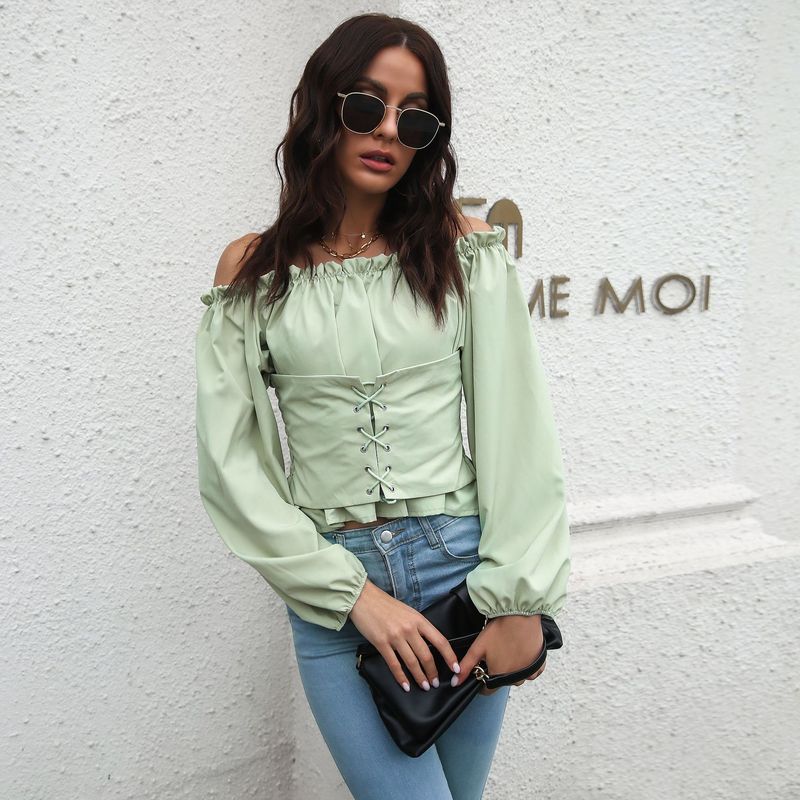 Cinturino frontale da donna con manica a lanterna, colletto a una linea, camicia in chiffon a maniche lunghe, con cintura, top corto_voghion.com