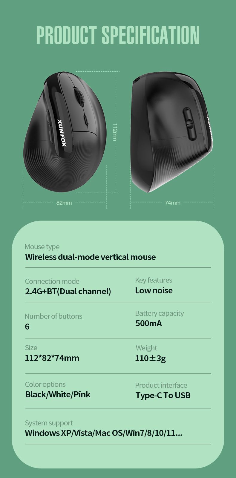 Silver Fox H5 Vertical Standing Mouse – Rechargeable, 2.4GHz Wireless & Bluetooth Dual-Mode For Business Office_voghion.com