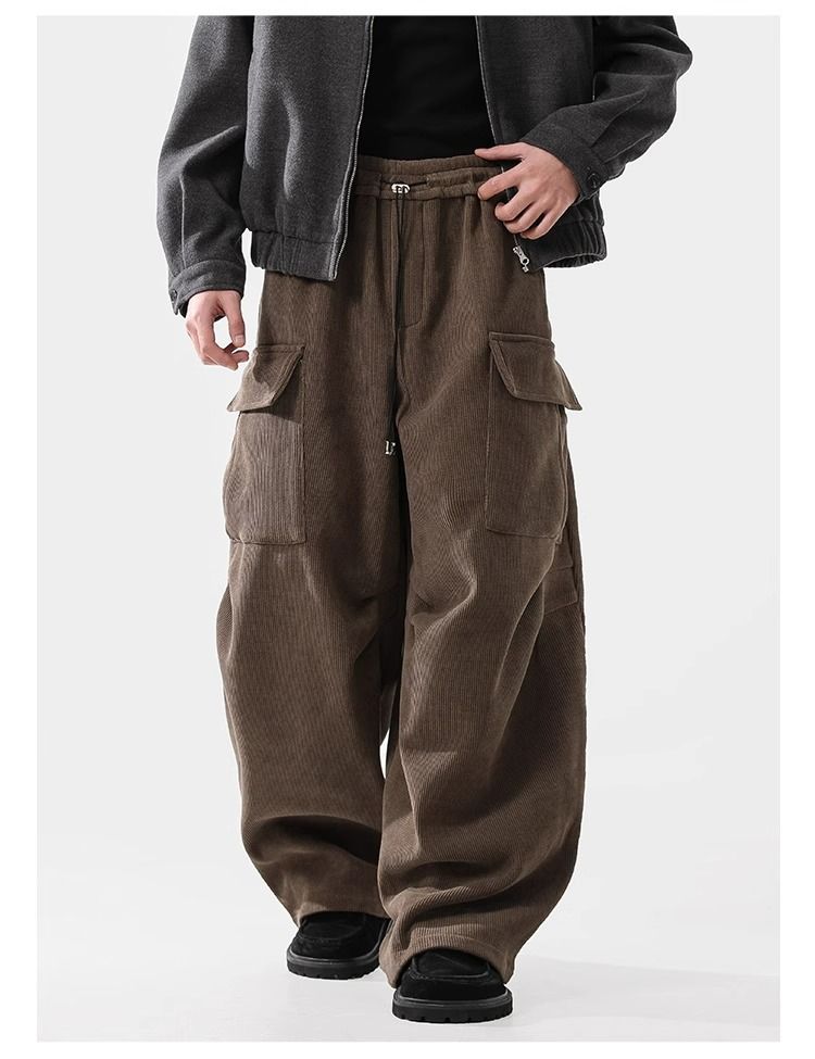Corduroy Cargo Pants With Fleece Lining – High Waist, 65% Polyester, Drawstring Closure, Black/Khaki, S-XXL (Unisex Winter)_voghion.com