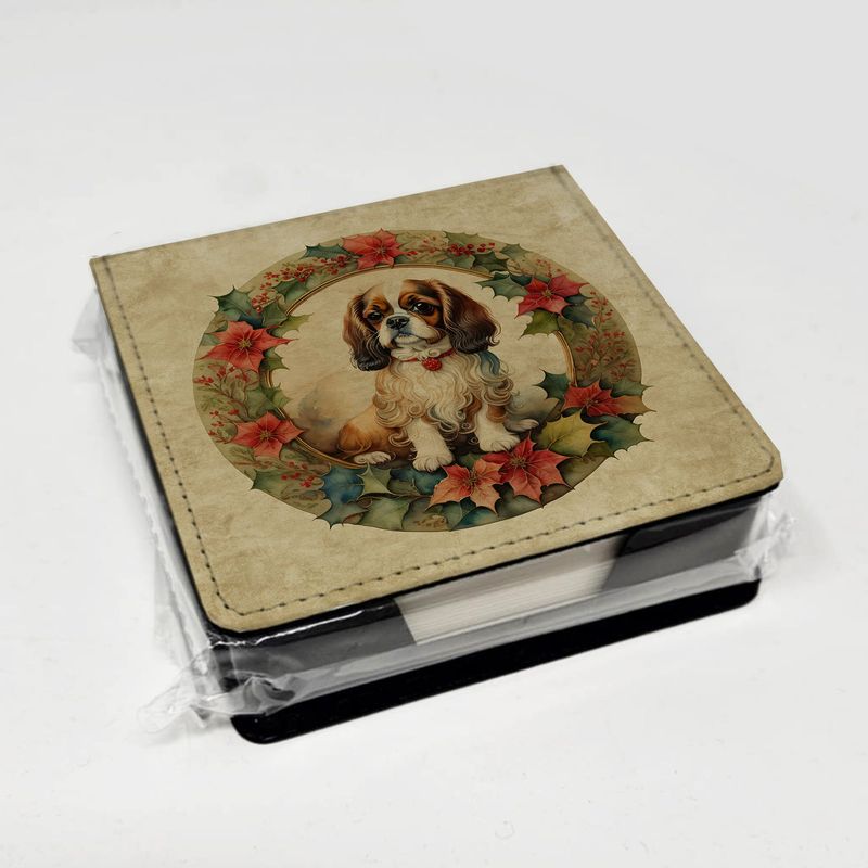 English Toy Spaniel Christmas Flowers PU Leather Note Paper Holder With Artist-Designed Cover, Desk Accessory, Office Gift_voghion.com