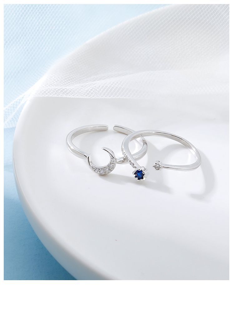 Anello aperto in argento puro con dito indice a forma di stella e luna, anello alla moda per donna, stile minimalista_voghion.com