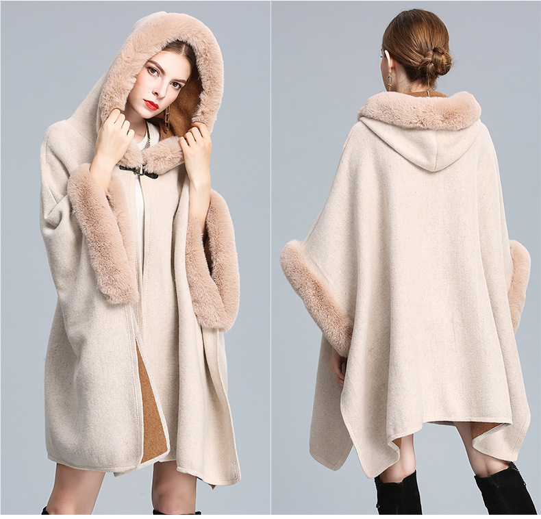 Women's imitation Rex rabbit collar hooded shawl cape large size woolen coat loose cardigan_voghion.com