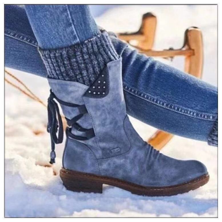 medium and low-cut  large size Martin boots for women in  new style square heel back strap  woolen women's boots_voghion.com