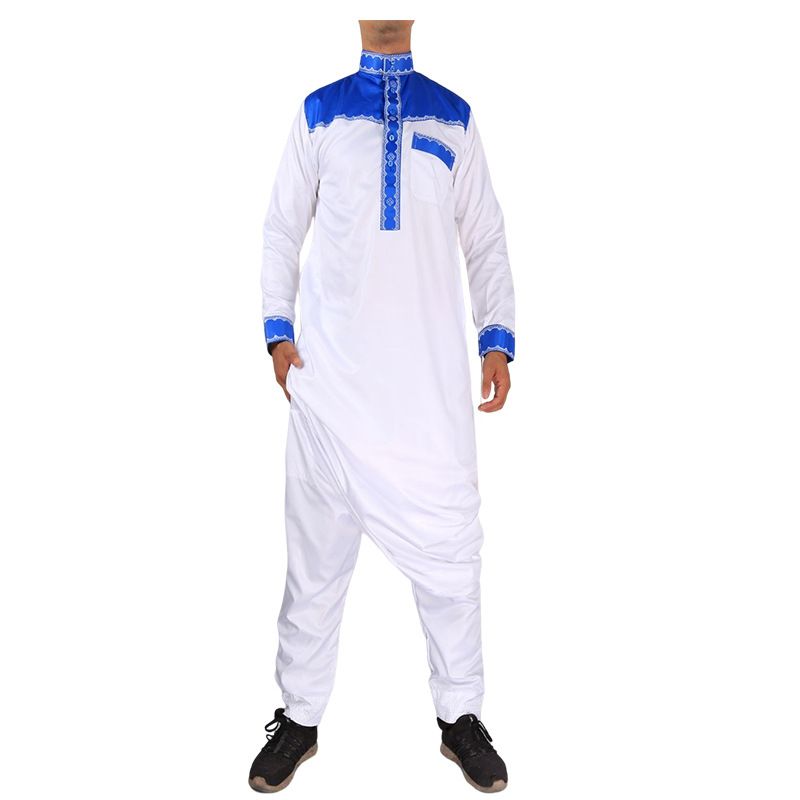 Herrenbekleidung Spleißen Stickerei Arabische Herrenrobe Zweiteiliges Set Stehkragen Langarm Hemdärmel Islamische Robe_voghion.com
