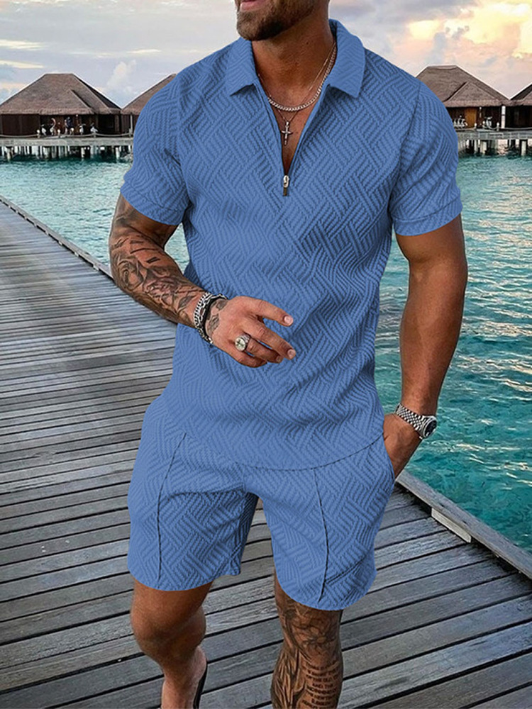 2025 New Summer Men's Shorts Set Short Sleeve Zip Polo Shirt Street T-shirt Two Piece Casual Sportswear_voghion.com
