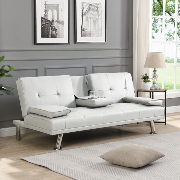 Sofa Bed With Armrest Two Holders WOOD FRAME, STAINLESS LEG, FUTON WHITE PVC_voghion.com