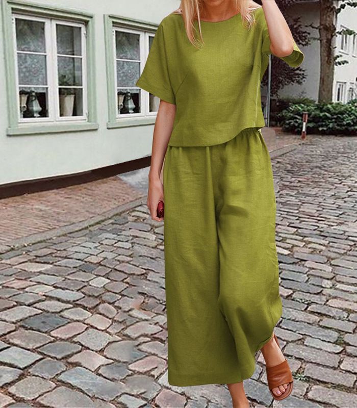 Damen große Größe Anzug Leinen Freizeit lose einfarbig Anzug zweiteiliger Anzug_voghion.com