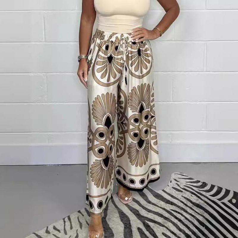 Pantaloni a gamba larga con stampa floreale in stile bohémien traspiranti e caldi per le donne, pantaloni da salotto in raso con elastico in vita e regolabili_voghion.com