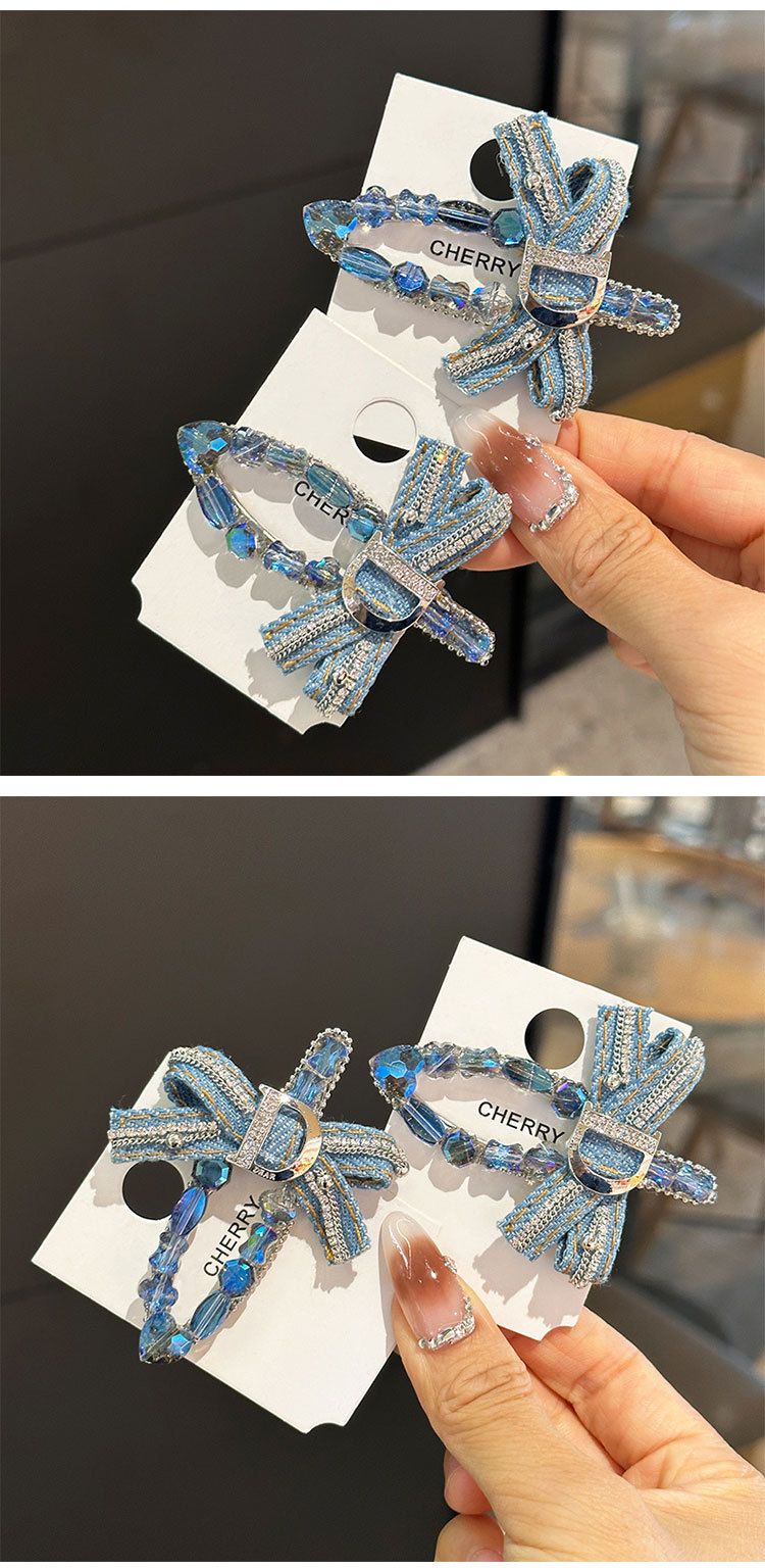 Haaraccessoires voor dames retro denim strik volledige diamant haarspeld kristal eendenbek clip zijclip pony zijclip hoofdtooi_voghion.com