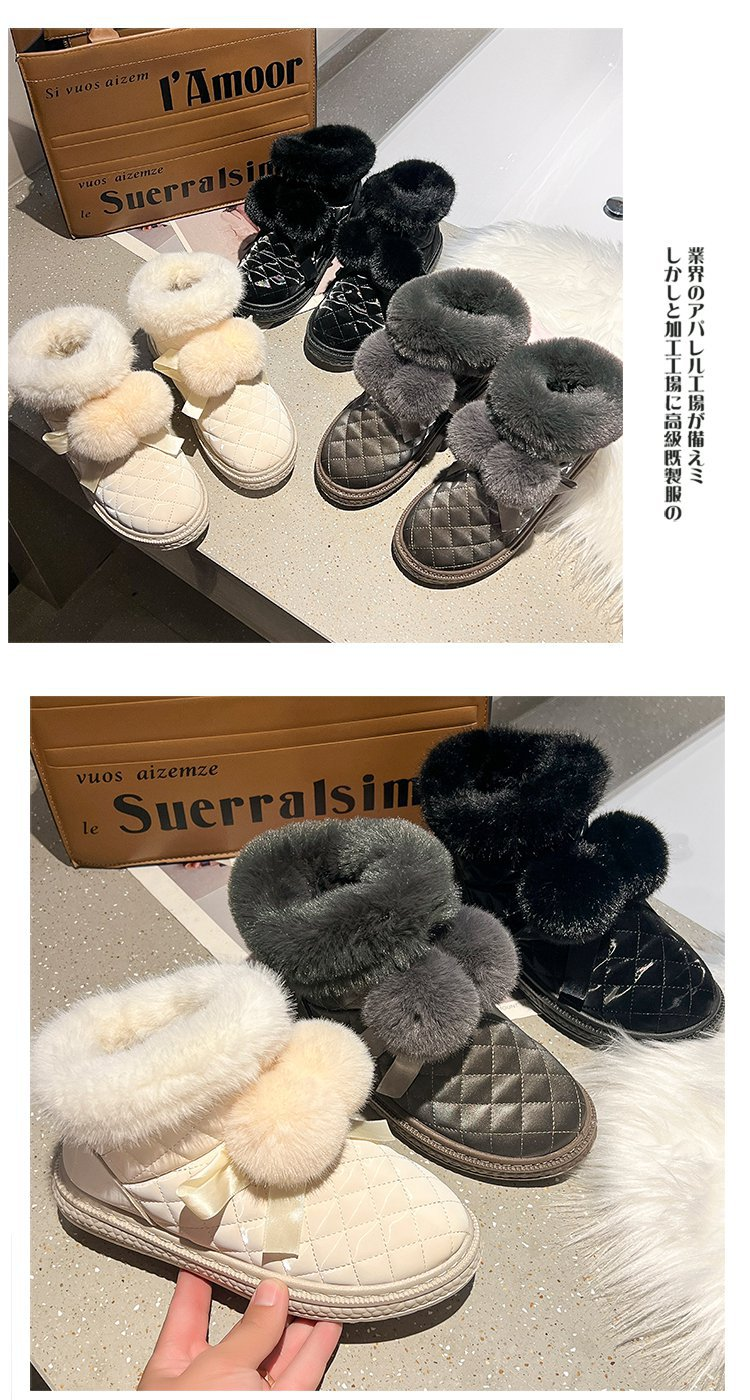 Kurzrohr-Schneestiefel für Damen, Winter plus Samt, 2023 neuer Fellknäuel, verdickte und warme, einbeinige Beanie-Baumwollschuhe_voghion.com