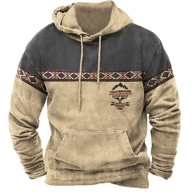 Felpa con cappuccio e coulisse con stampa digitale 3D in stile etnico autunno inverno da uomo_voghion.com