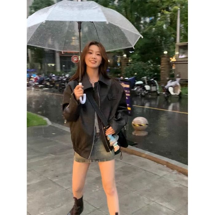 Giacca da motociclista piccola in pelle PU Melard in stile americano, primavera e autunno 2025, marrone per donna_voghion.com