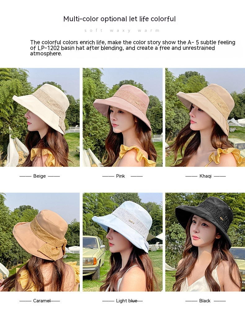 2024 printemps/été nouvelle mode décontracté polyvalent femmes tissu chapeau coréen pêcheur chapeau arc parasol chapeau crème solaire respirant bassin chapeau_voghion.com