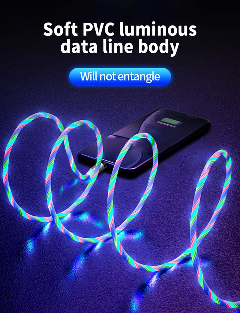 Compatible with Apple; Flowing Ligh Magnetic Streamer Data Line Cable for Iphone Android Typec_voghion.com