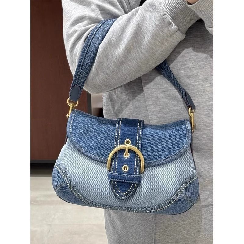 Denim Underarm Bag French Splicing Canvas Bag Shoulder Bag Handbag_voghion.com