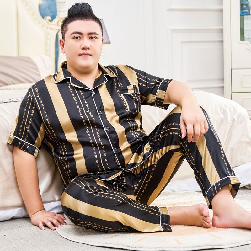 Fat guy plus fat extra large size 300 ice pajamas women's summer short sleeved pants 330 pounds silk home suit_voghion.com
