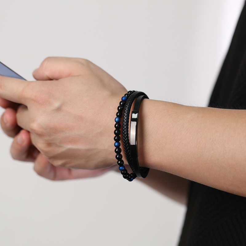 Multi-Layer Handmade Woven Leather String Bracelet Black Agate Beaded Bracelet For Men_voghion.com
