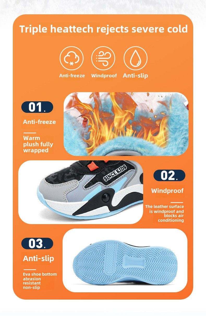 Boys' casual sports shoes Winter leather surface waterproof and velvet warm students Small and medium-sized children's sports shoes_voghion.com